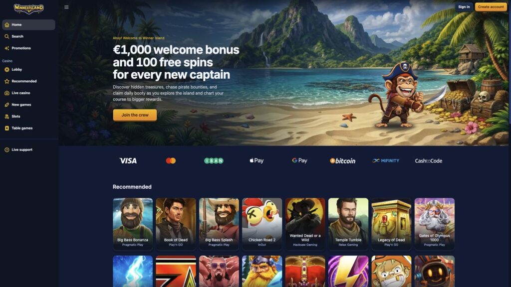 homepage van de no cruks casino aanbieder winner island